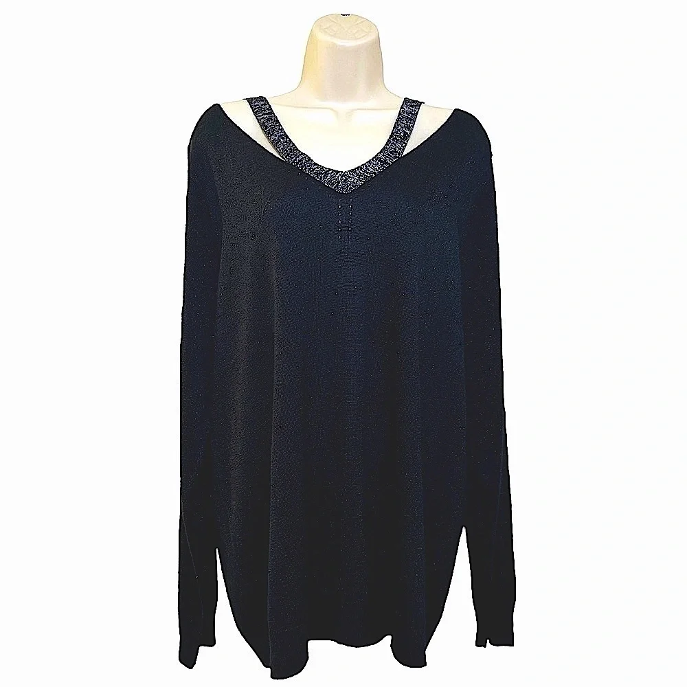 JOSEPH A. Black & Silver V-Neck Lightweight Sweater with Silver Cut-Out Accents